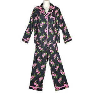 Betsey Johnson Womens Flannel Pajamas M Set Pants Black Pink Floral Roses Lace